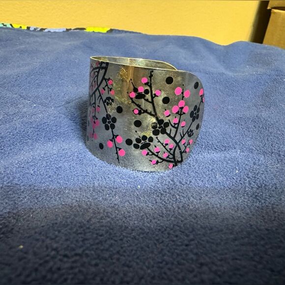 Cuff Bracelet Silver Toned With Pink and Black Design - Picture 2 of 4